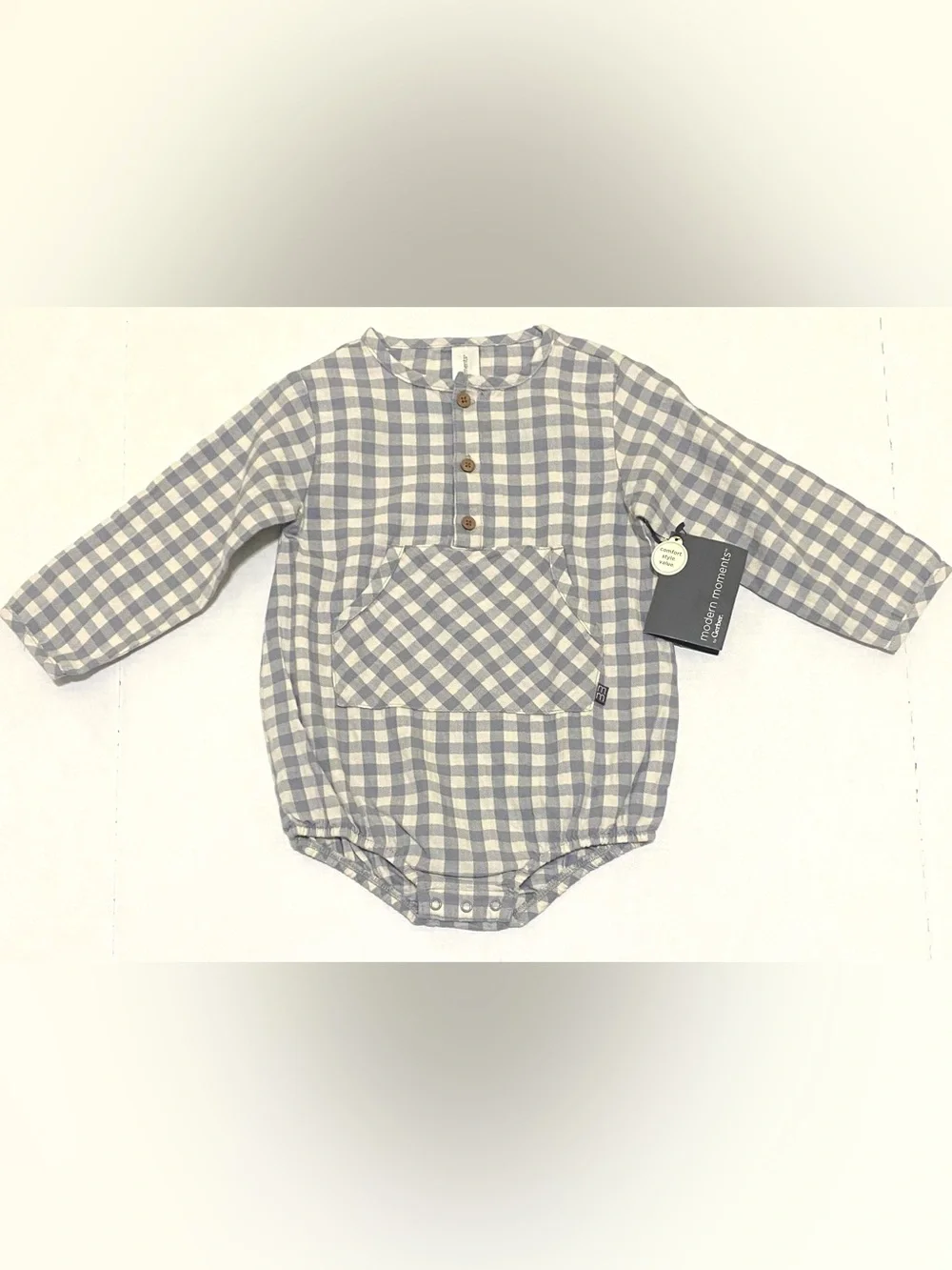 Modern Moments Boys 18M Gray Cream Cotton Henley Romper Boho Preppy Cottagecore